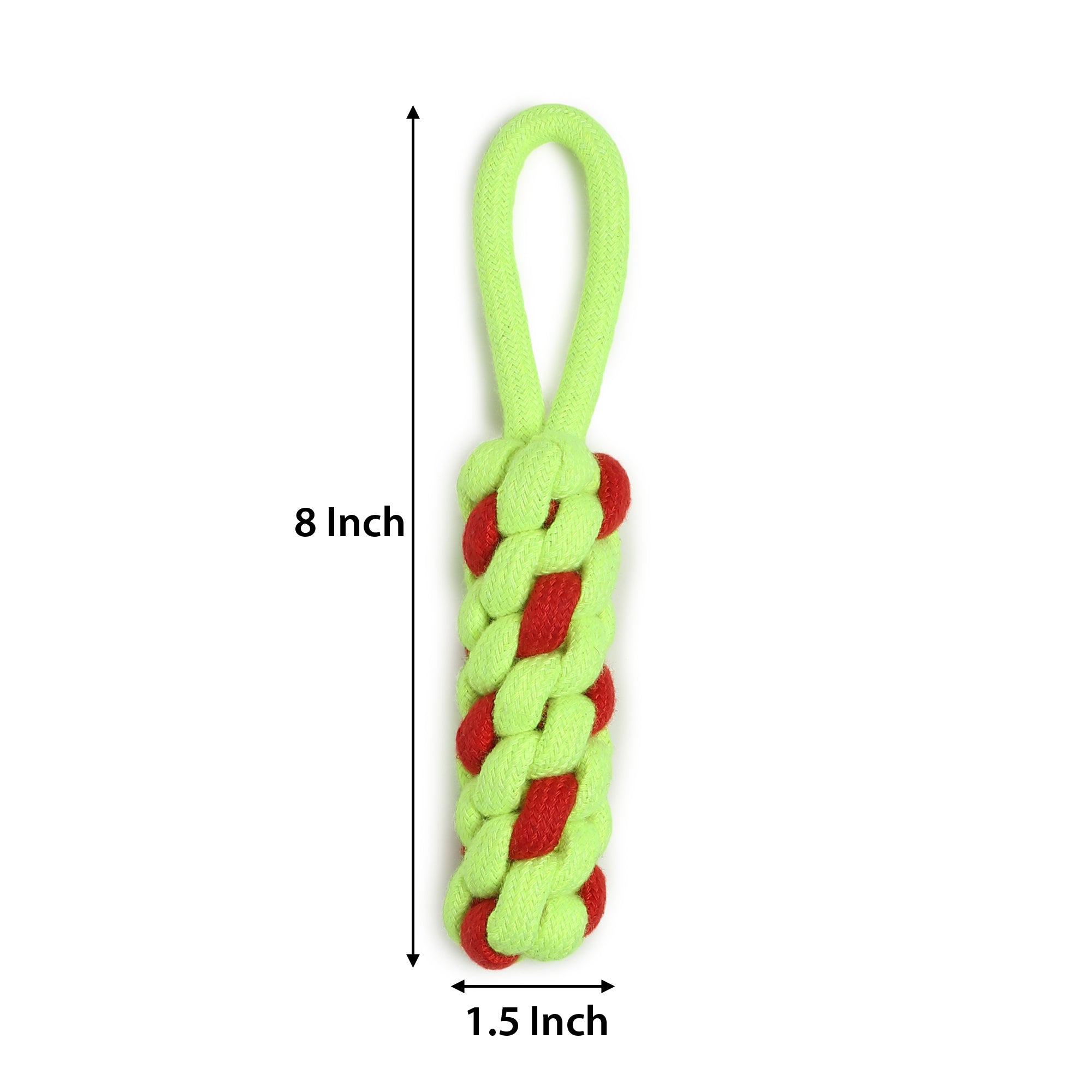 Colorful braided dog rope toy in red and green, loop handle, chew-resistant tug toy for active dogs.