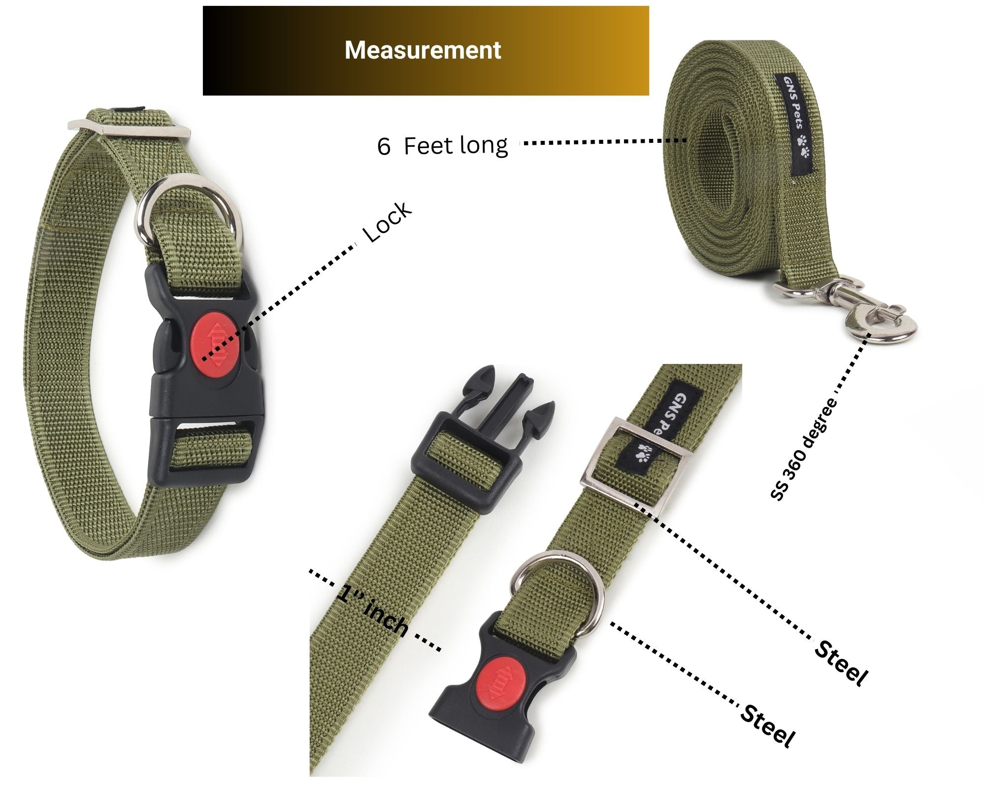 Dog Leash & Collar Set - 6FT- Olive