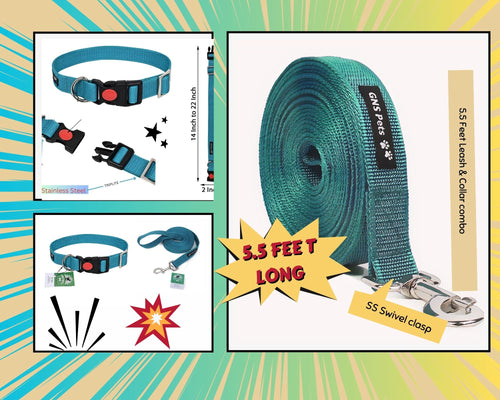 15 Feet Long Nylon Webbing Puppy Dog Training Durable Nylon Dog Leash & Collar Set – Strong, Adjustable & Comfortable for All Breeds