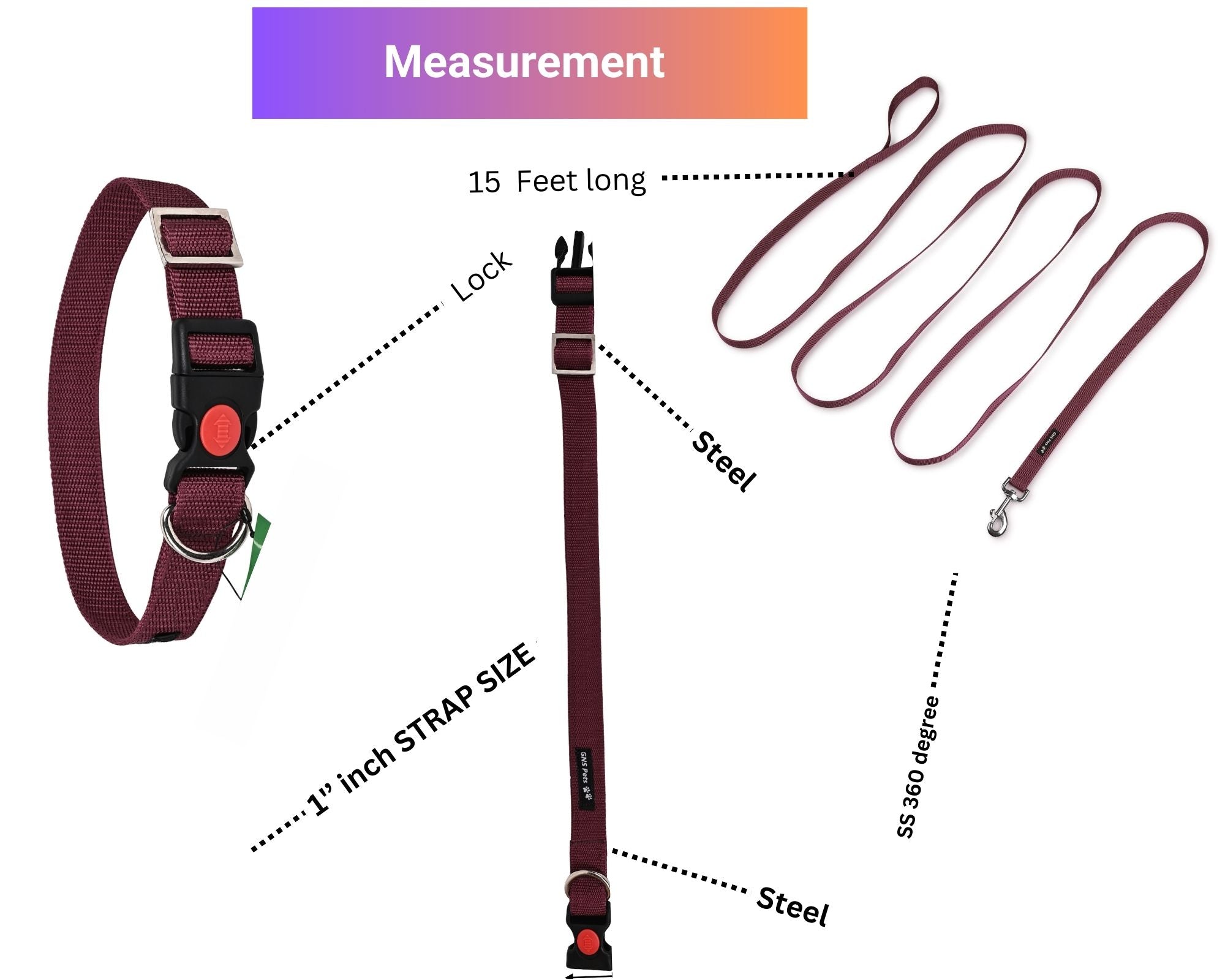 Dog Leash & Collar Set - 15FT- Maroon