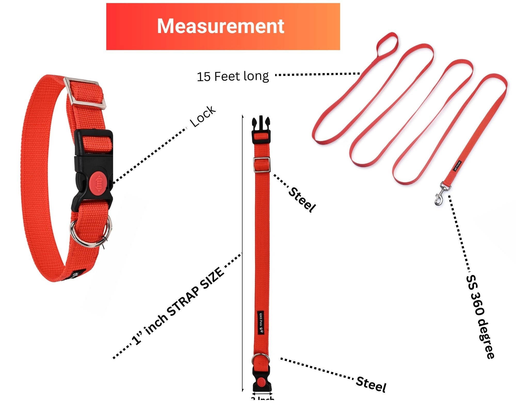 Dog Leash & Collar Set - 15FT- Red