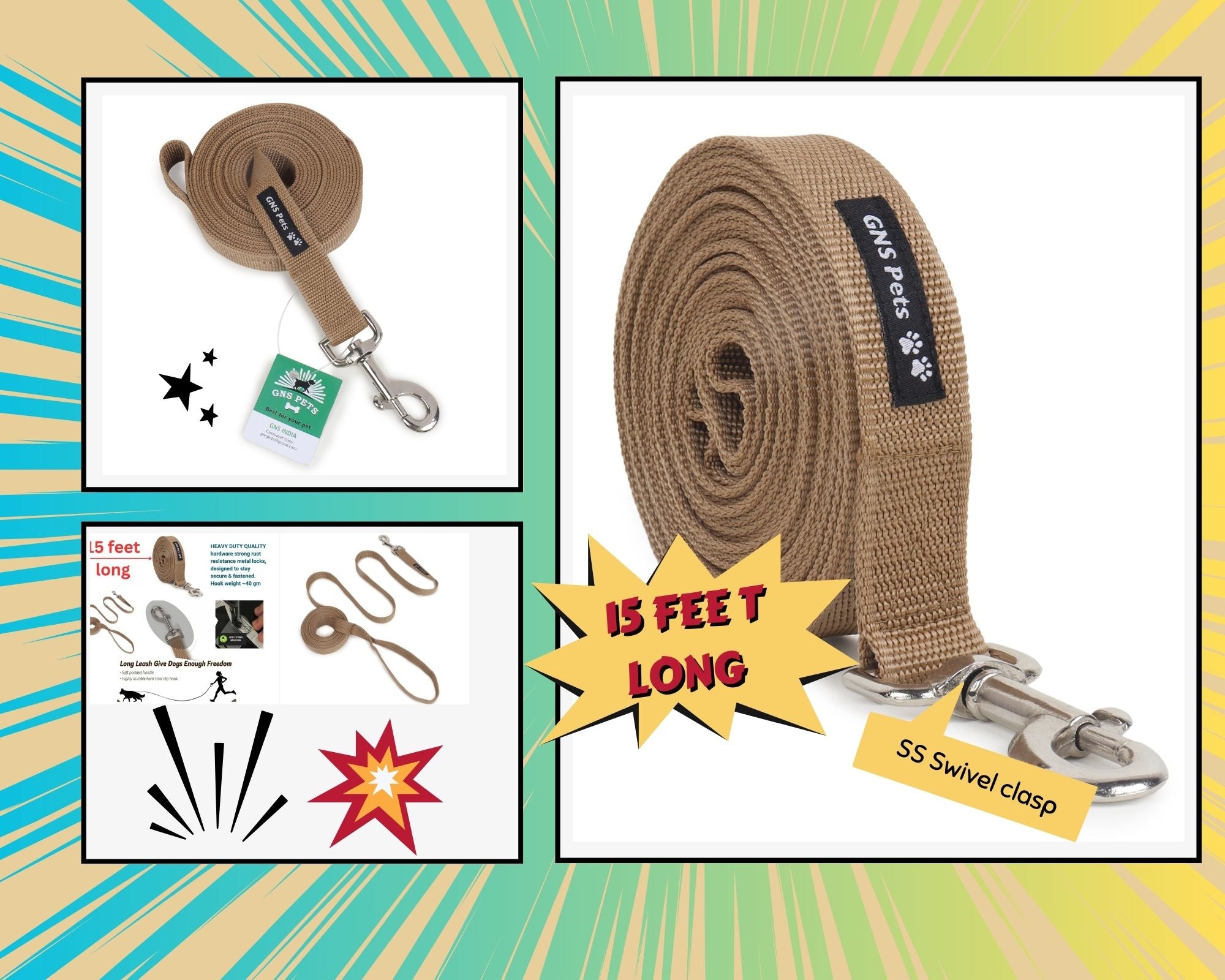 PET Training Leash 15 feet long with strong Hook - 15FT- Brown