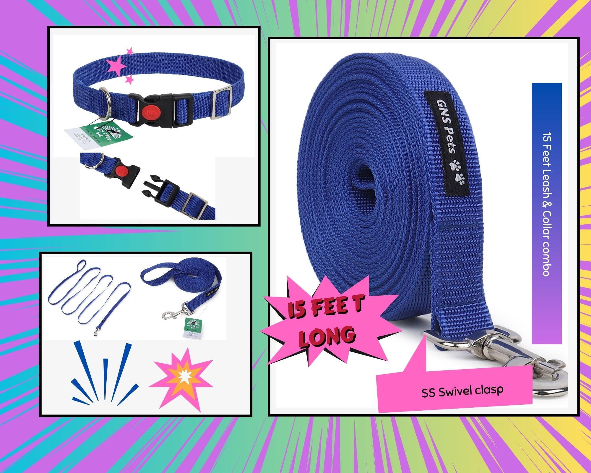 PET Training Leash 15 feet long with strong Hook - 15FT- Blue