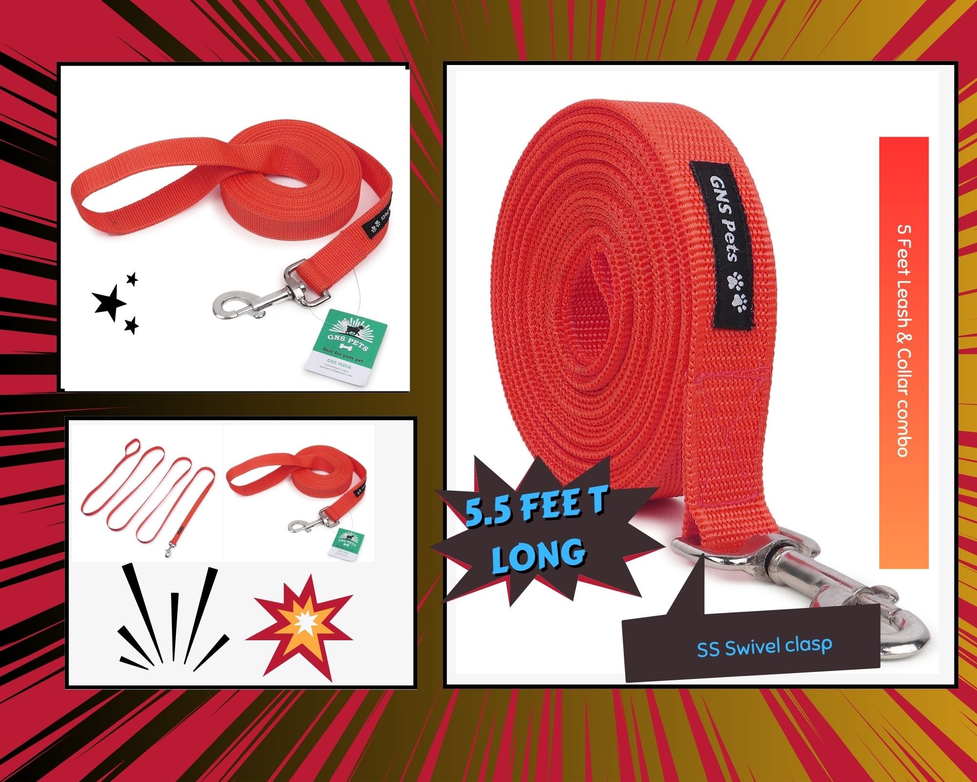 PET Training Leash 15 feet long with strong Hook - 15FT- Red