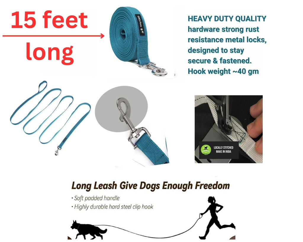 PET Training Leash 15 feet long with strong Hook - 15FT- Turquise Blue