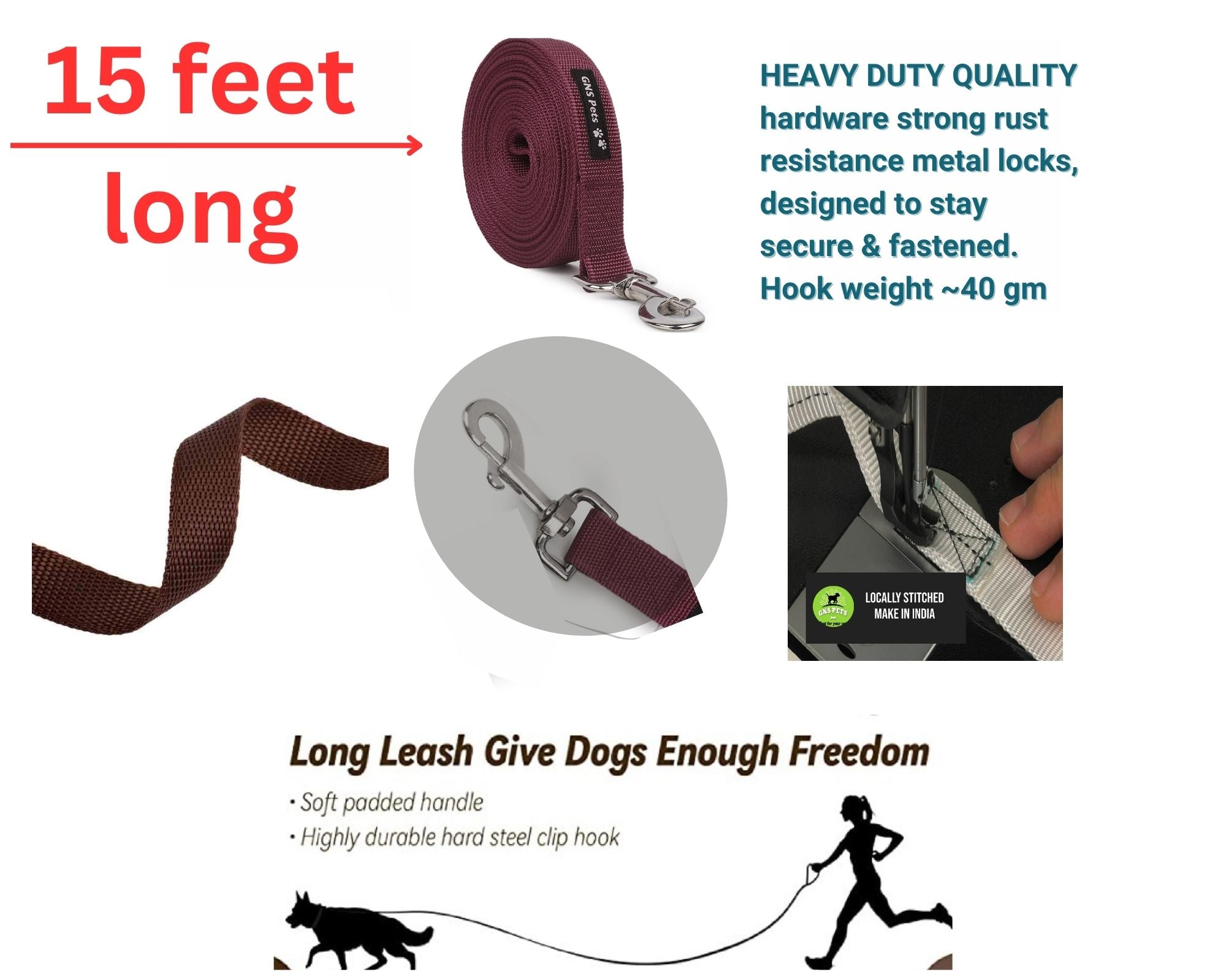 PET Training Leash 15 feet long with strong Hook - 15FT- Maroon
