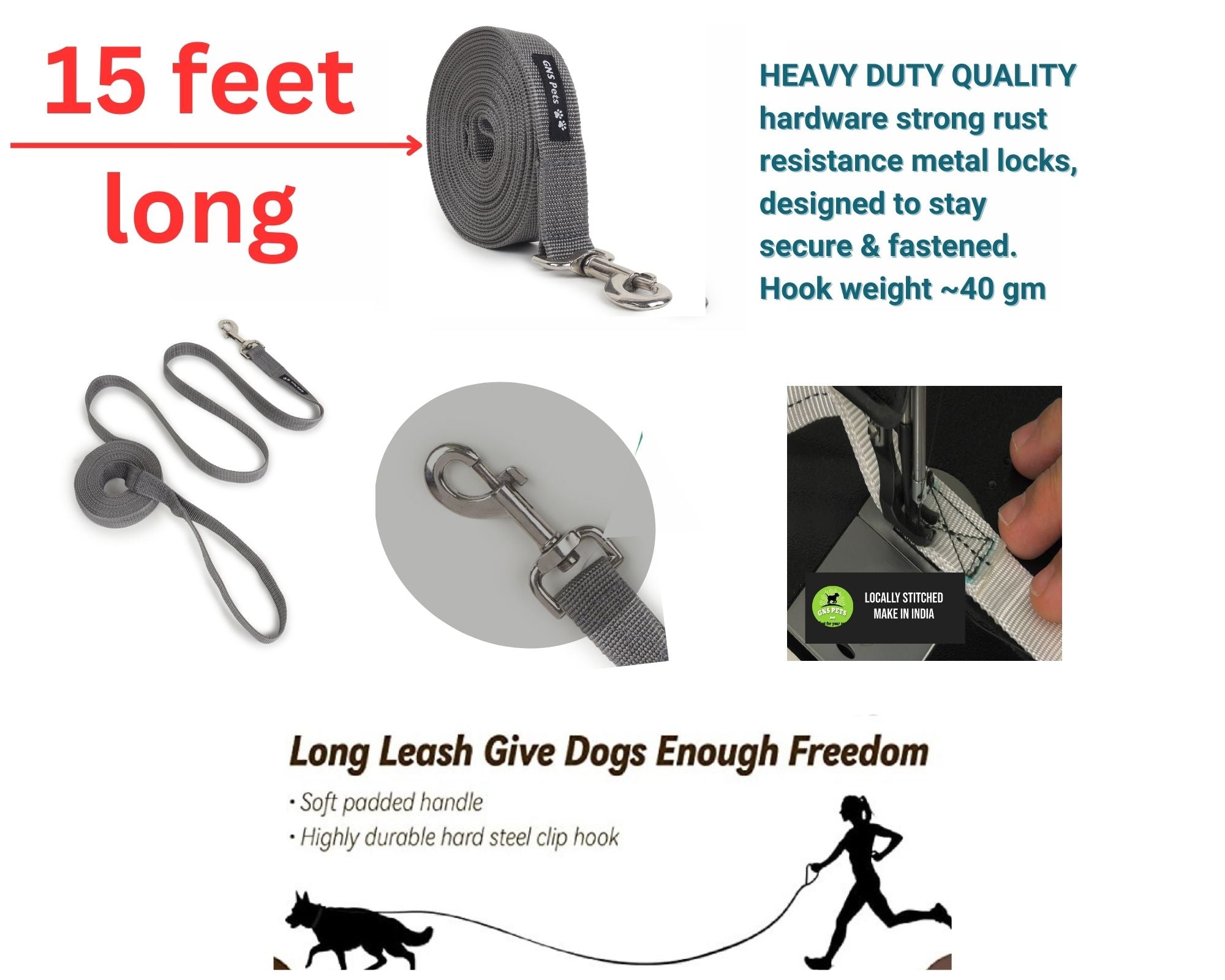 PET Training Leash 15 feet long with strong Hook - 15FT- Grey