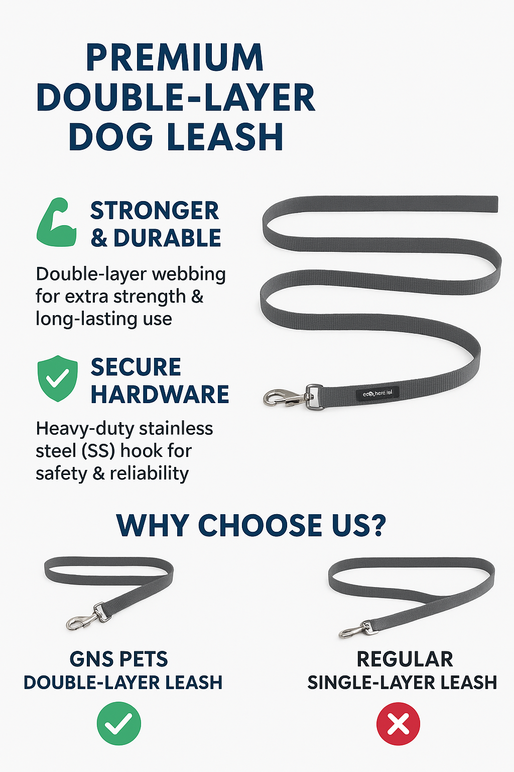 PET Training Leash 15 feet long with strong Hook - 15FT- Grey