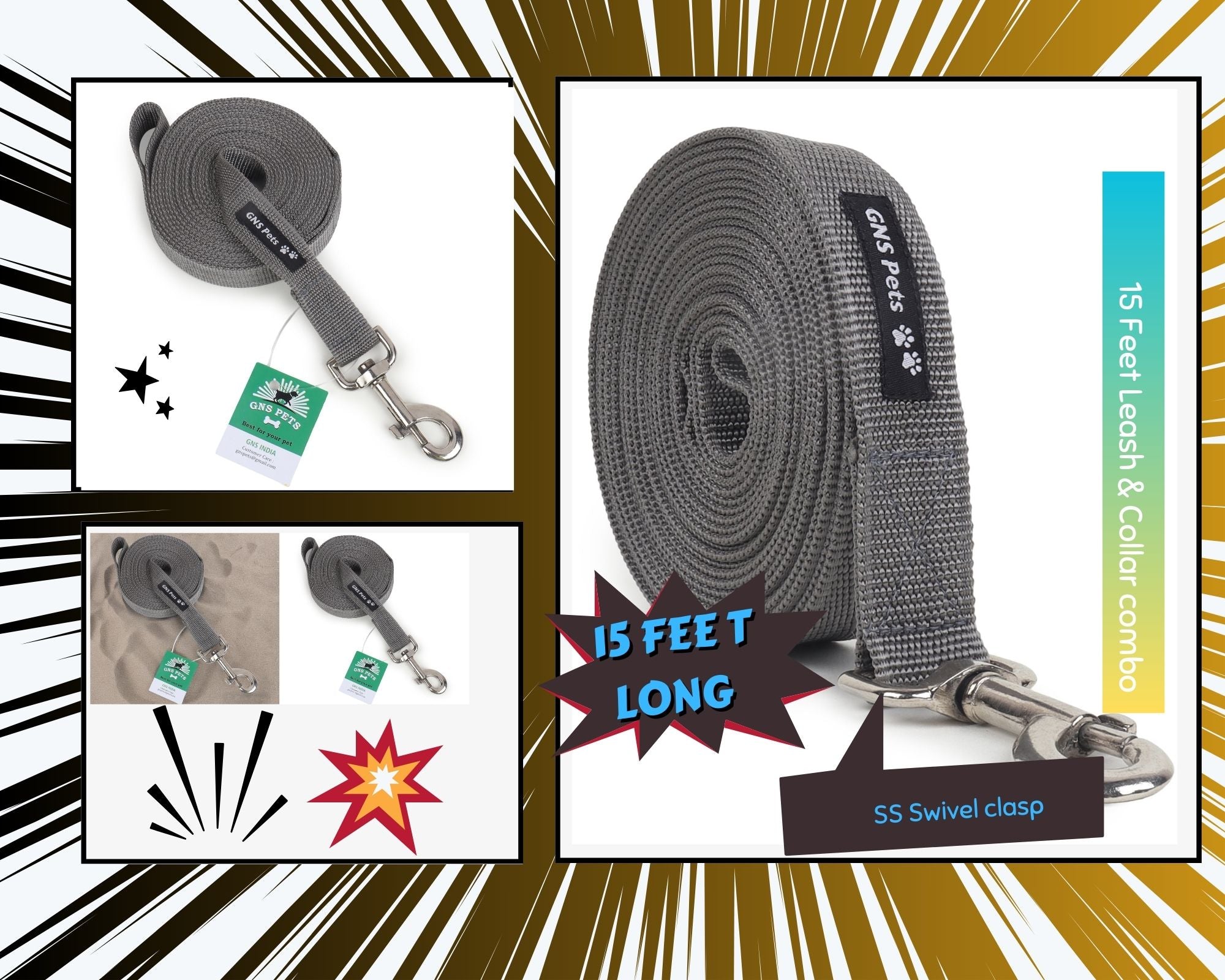 PET Training Leash 15 feet long with strong Hook - 15FT- Grey