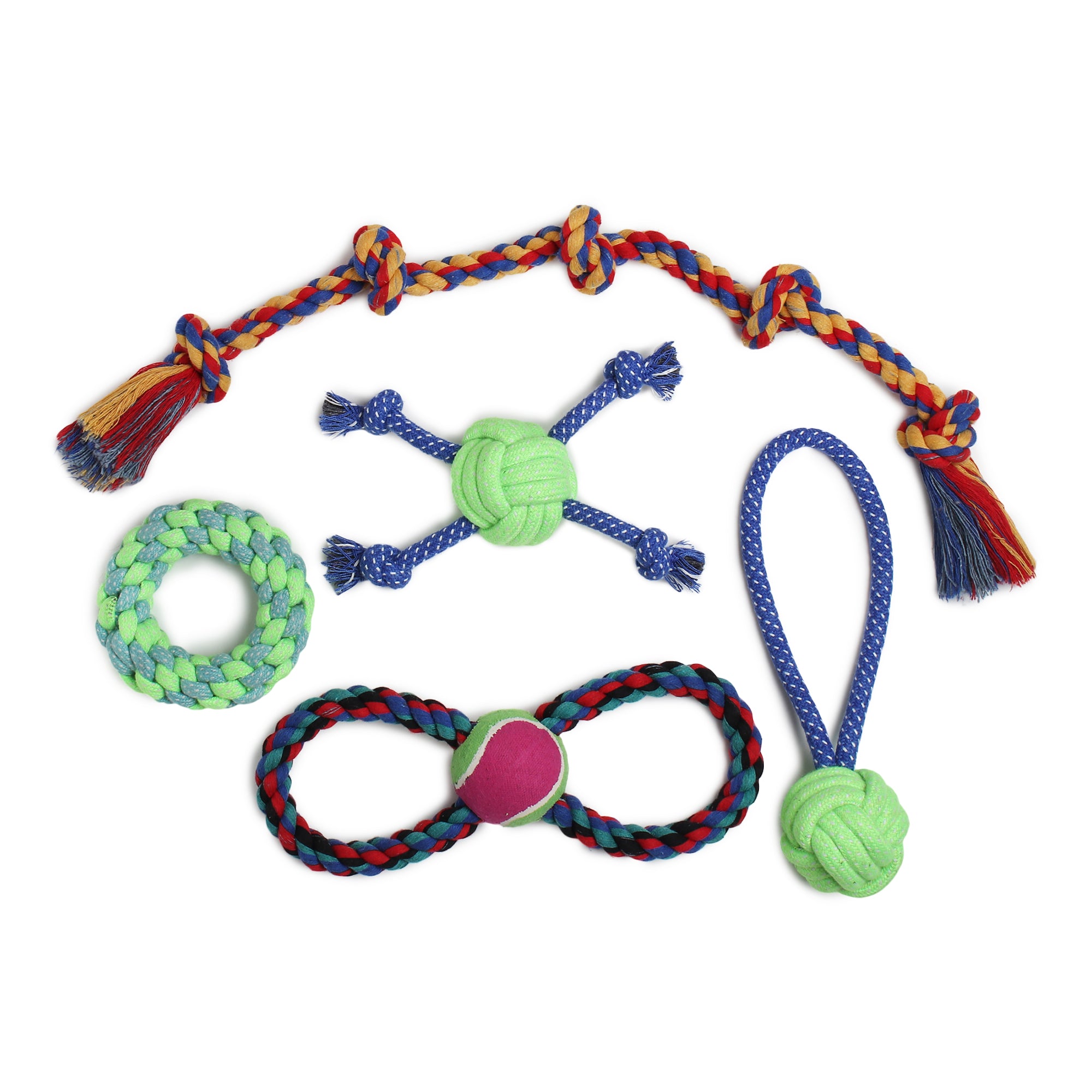 GNS PETs Large Rope Toys Set for Dogs – Durable Chew, Tug & Fetch Play Pack (5 Pieces, Multi-Color)