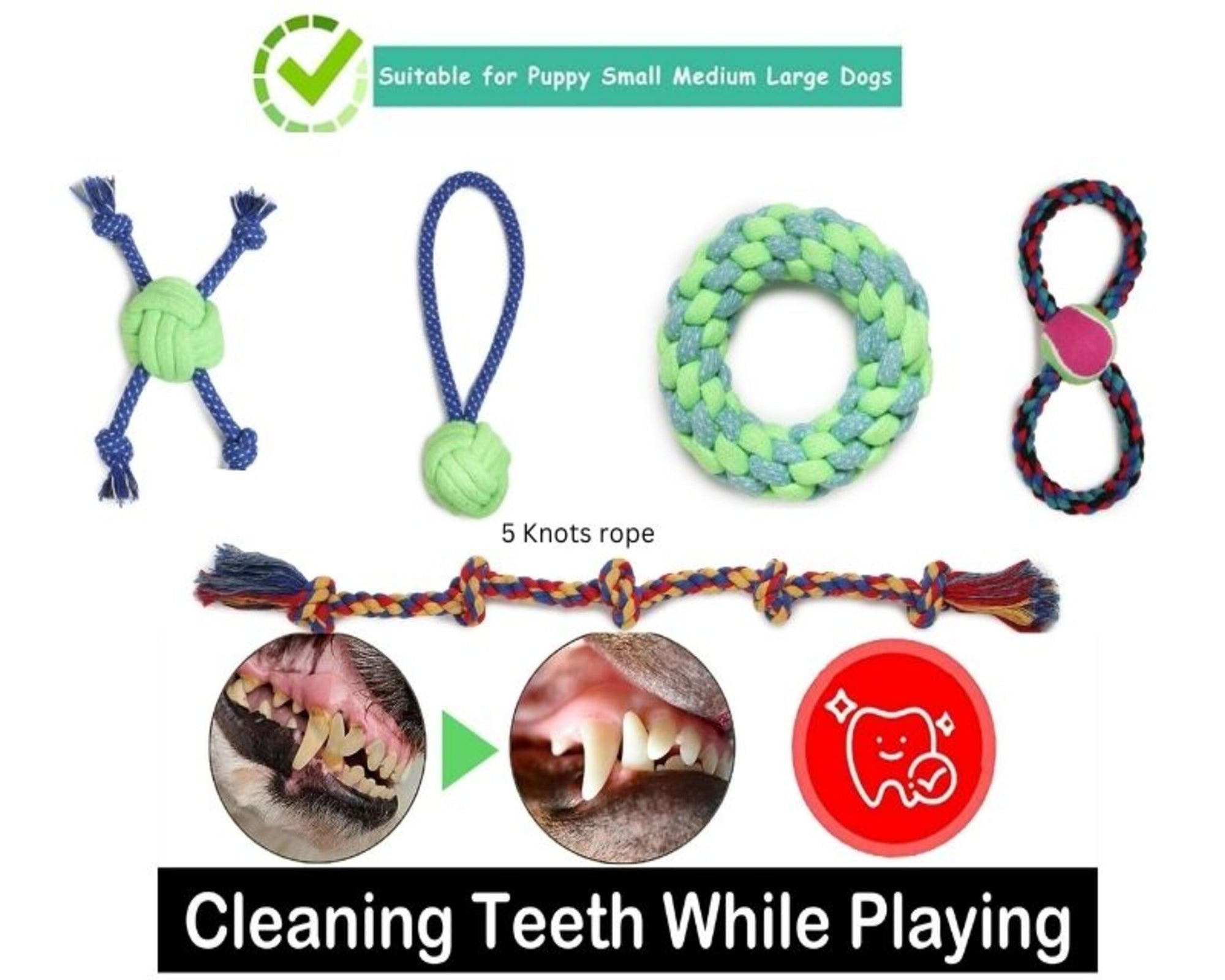 GNS PETs Large Rope Toys Set for Dogs – Durable Chew, Tug & Fetch Play Pack (5 Pieces, Multi-Color)