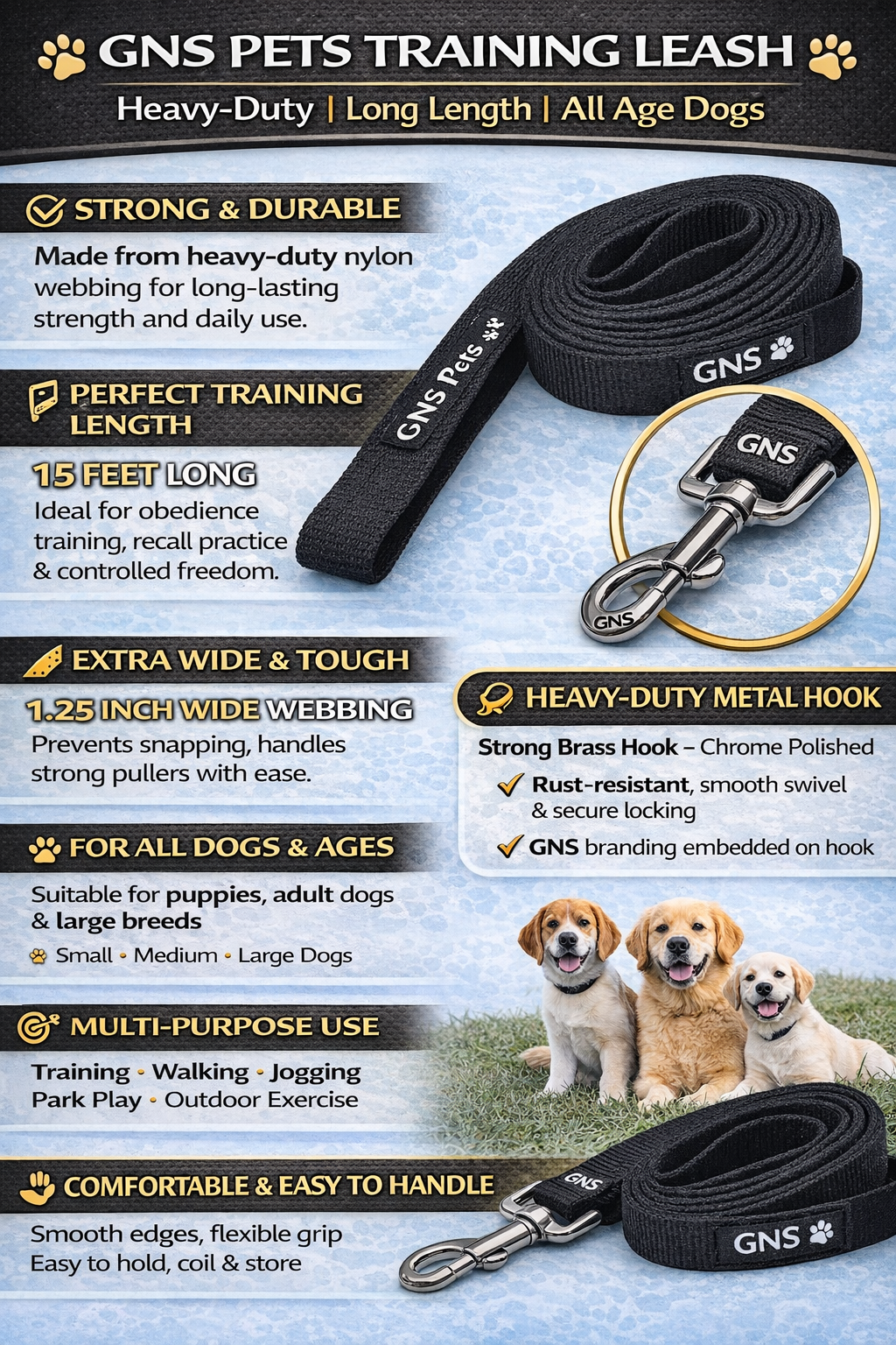 Training Leash 15 feet- Black