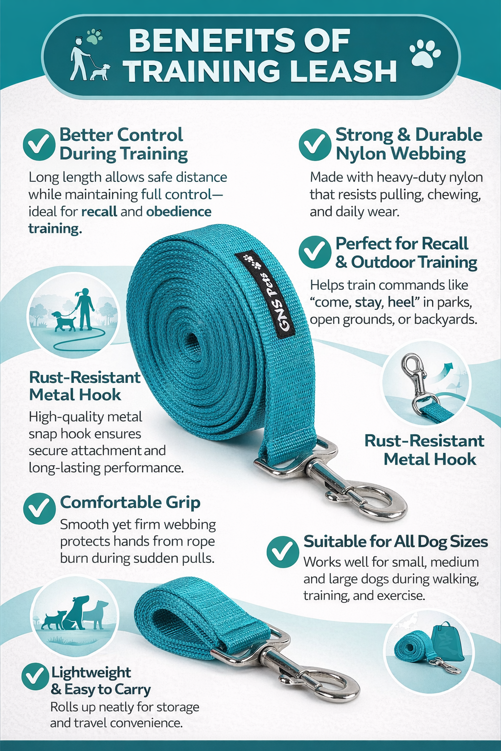 Training Leash 15 feet- Turquoise