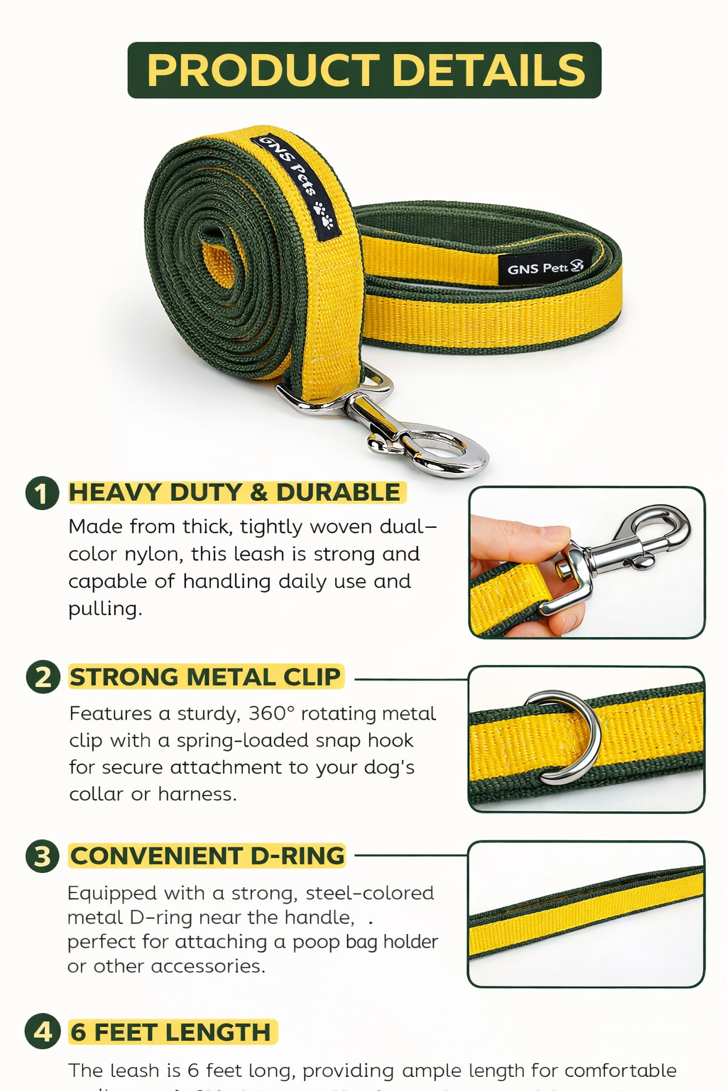 Double webbing Leash- 6 FT Yellow