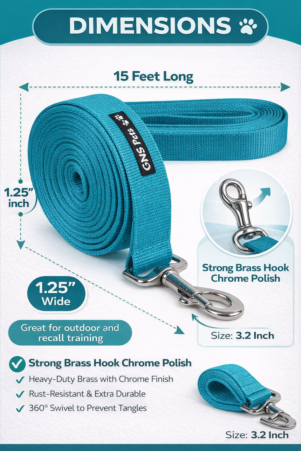 Training Leash 15 feet- Turquoise