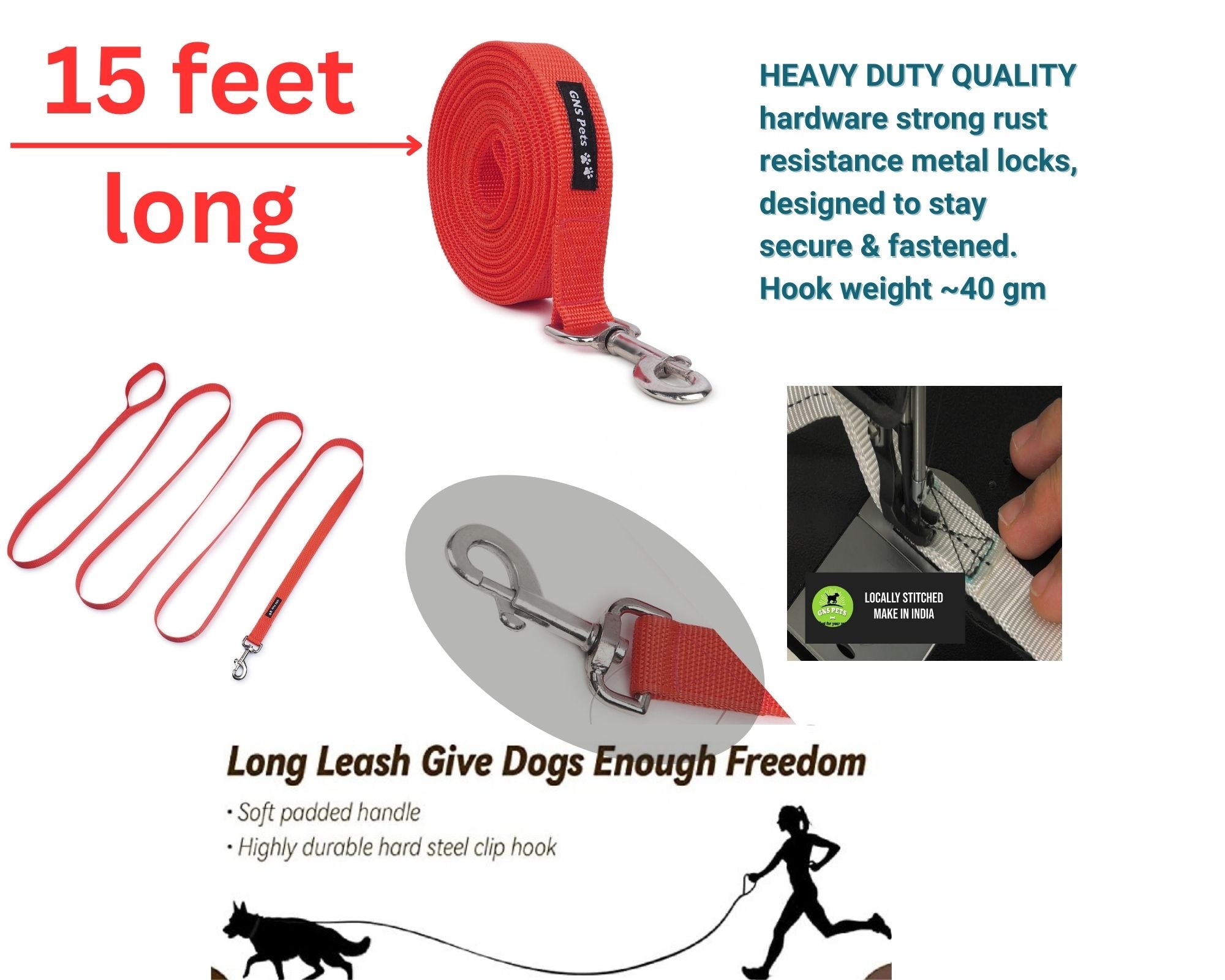 PET Training Leash 15 feet long with strong Hook - 15FT- Red