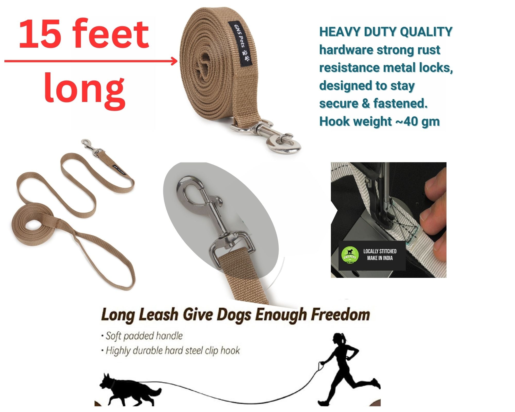 PET Training Leash 15 feet long with strong Hook - 15FT- Brown