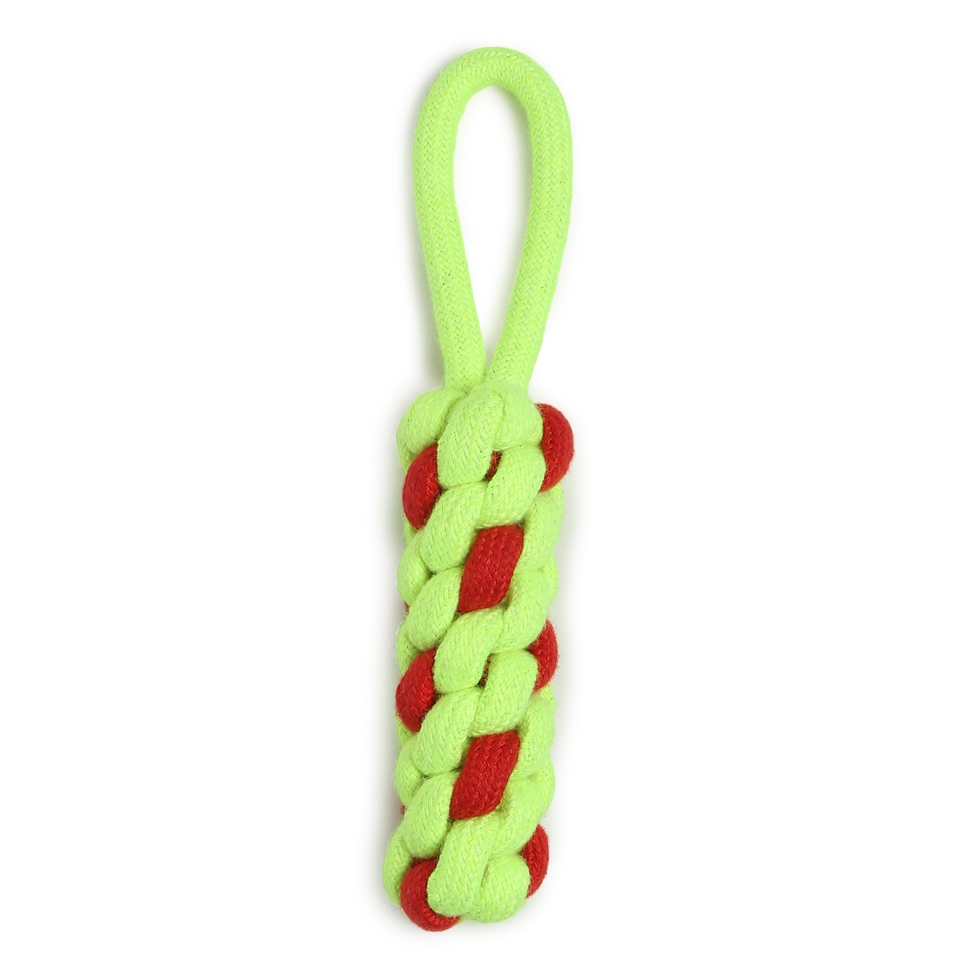 Colorful braided dog rope toy in red and green, loop handle, chew-resistant tug toy for active dogs.