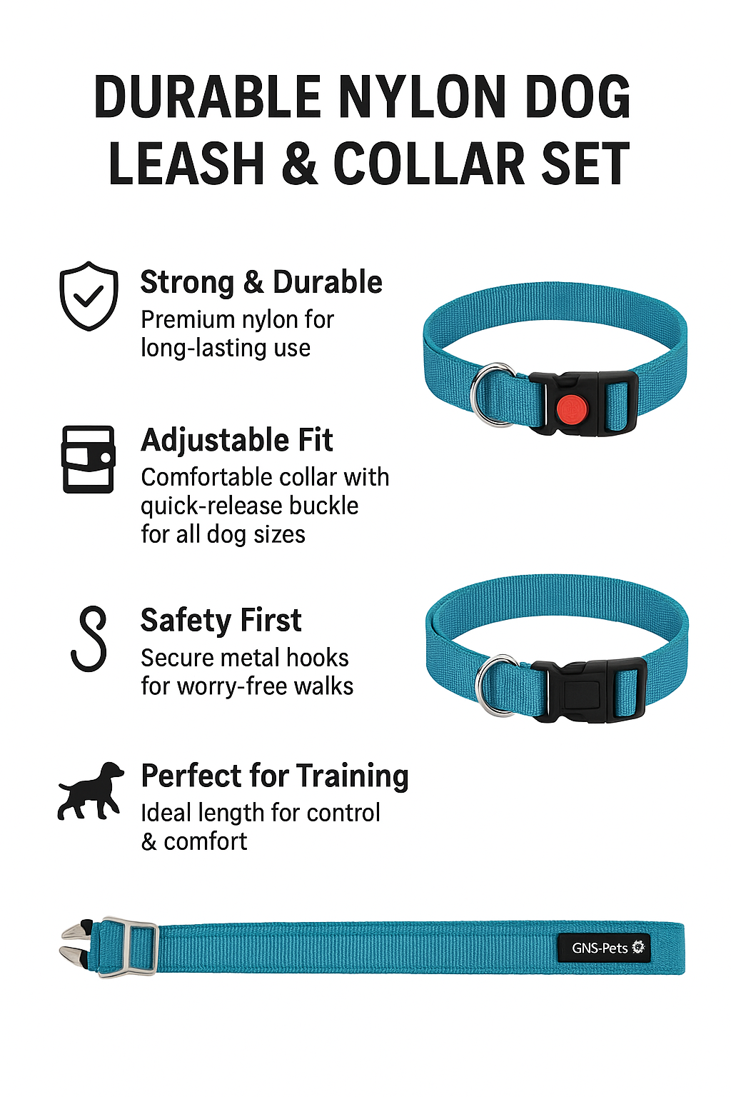 15 Feet Long Nylon Webbing Puppy Dog Training Durable Nylon Dog Leash & Collar Set – Strong, Adjustable & Comfortable for All Breeds