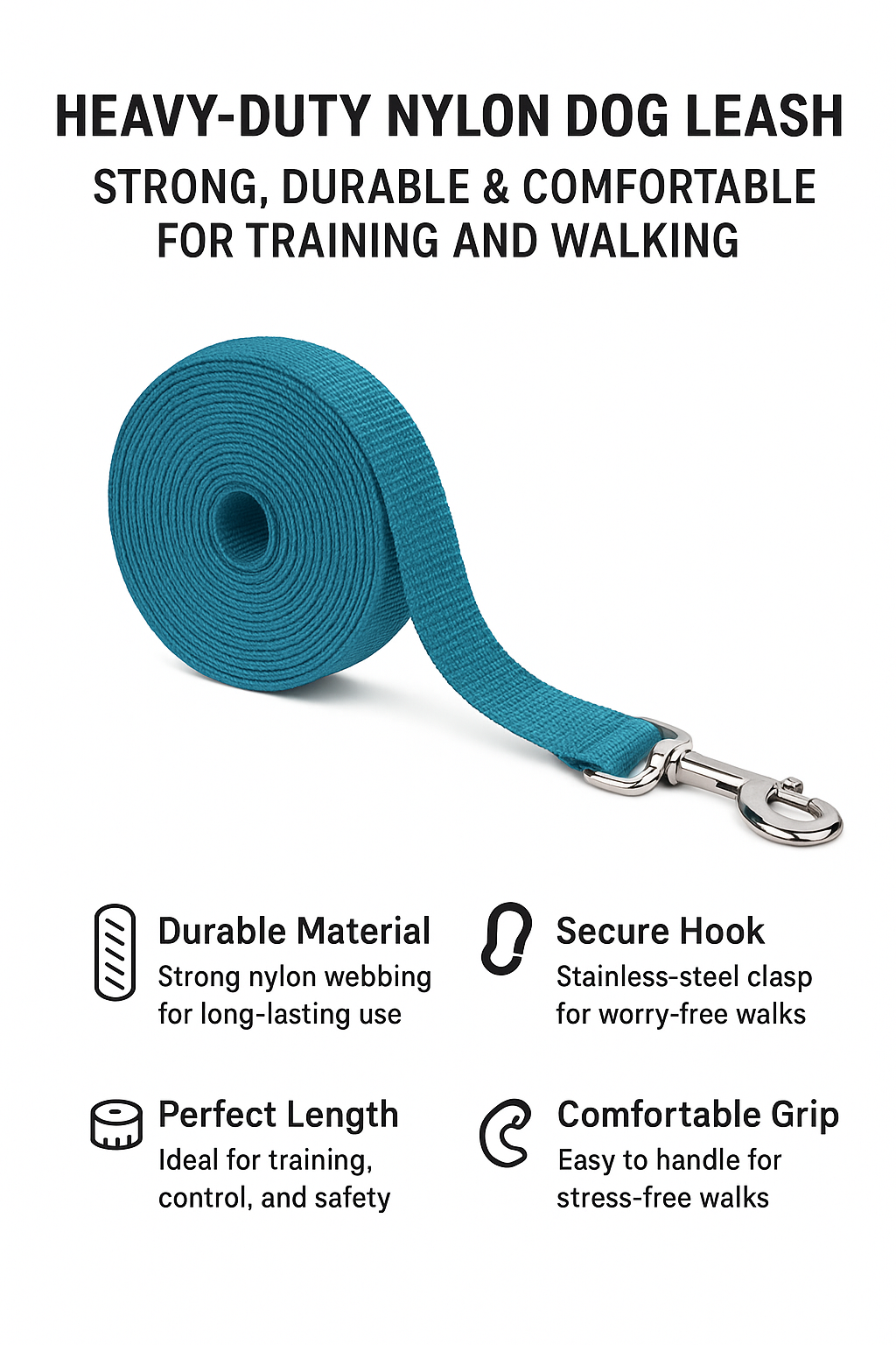 15 Feet Long Nylon Webbing Puppy Dog Training Durable Nylon Dog Leash & Collar Set – Strong, Adjustable & Comfortable for All Breeds