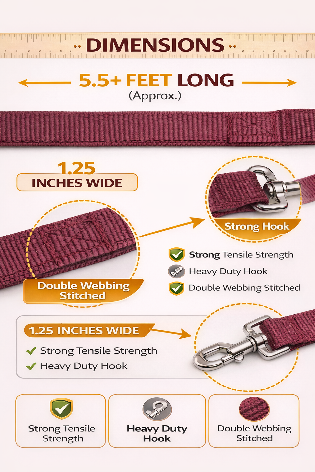 Dog Leash- 5.5 Feet- Mehroon