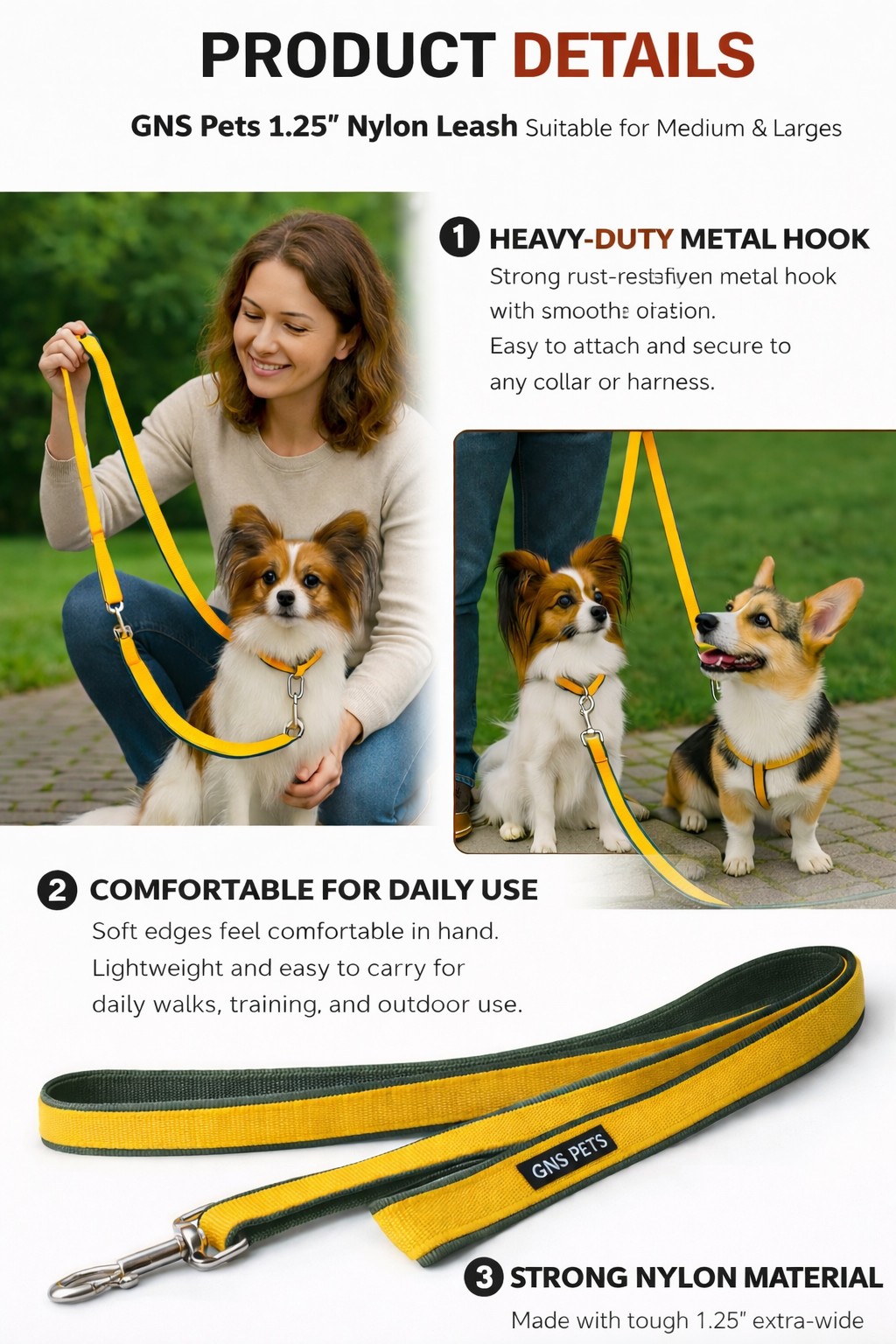 Double webbing Leash- 6 FT Yellow