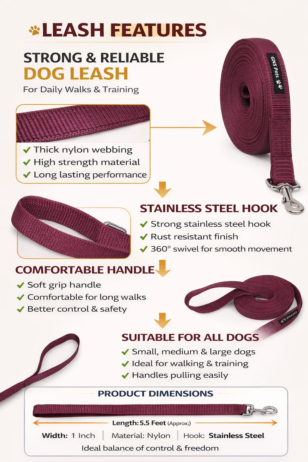 Dog Leash- 5.5 Feet- Mehroon