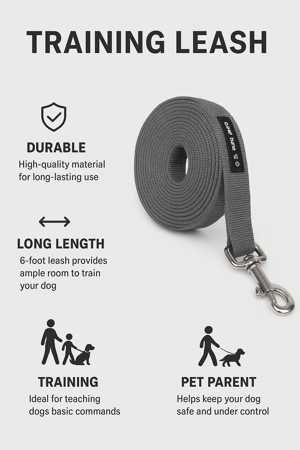 PET Training Leash 15 feet long with strong Hook - 15FT- Grey