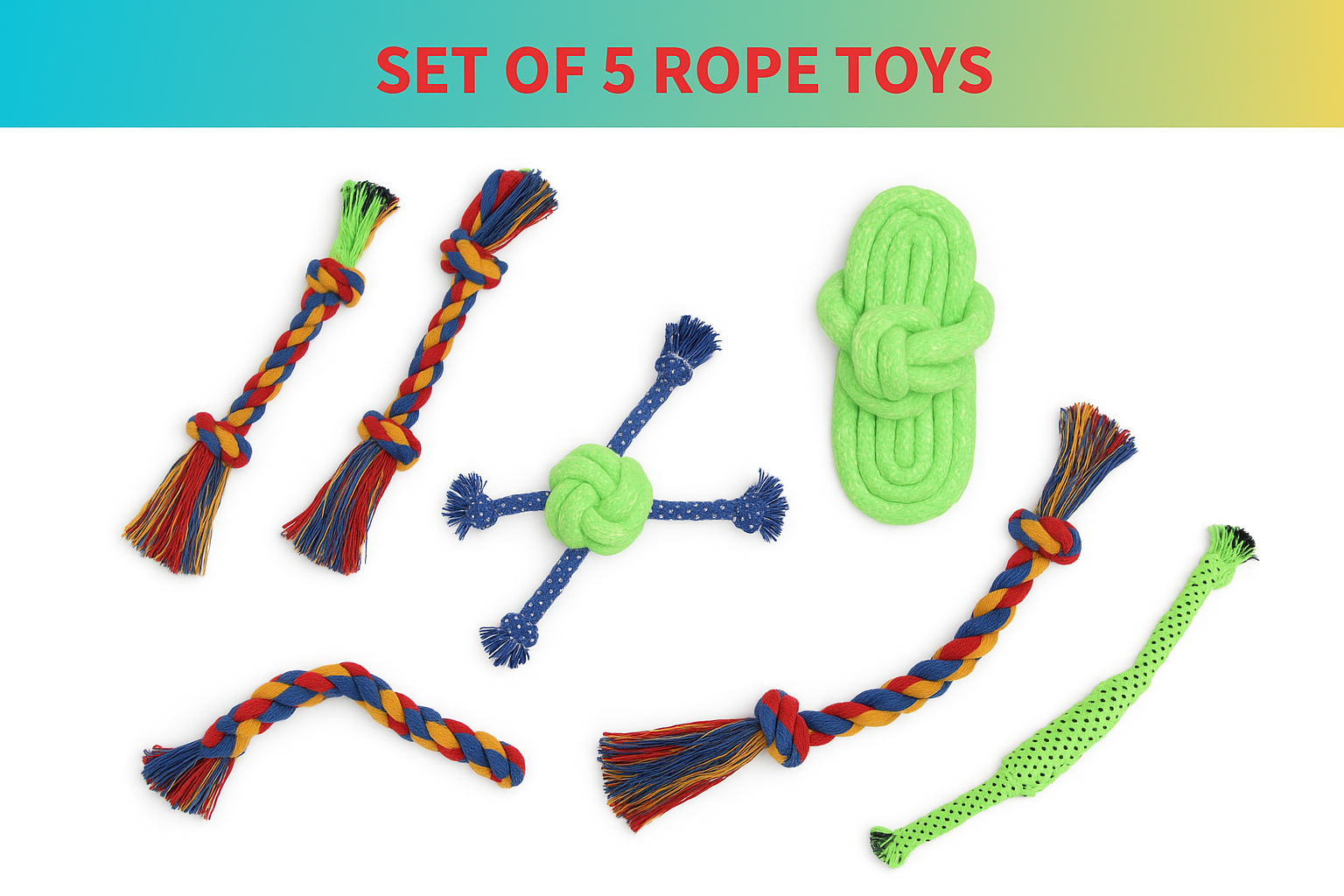 Set of 5 Dog Rope Toys – Includes 3 Knot Rope, 2 Knot Rope, 4 Knot Rope, Ball Rope & Chew Toy | Durable Cotton Chew & Tug Toys for Dogs