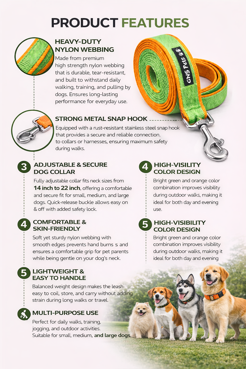 Double webbing Leash- 6 FT Green