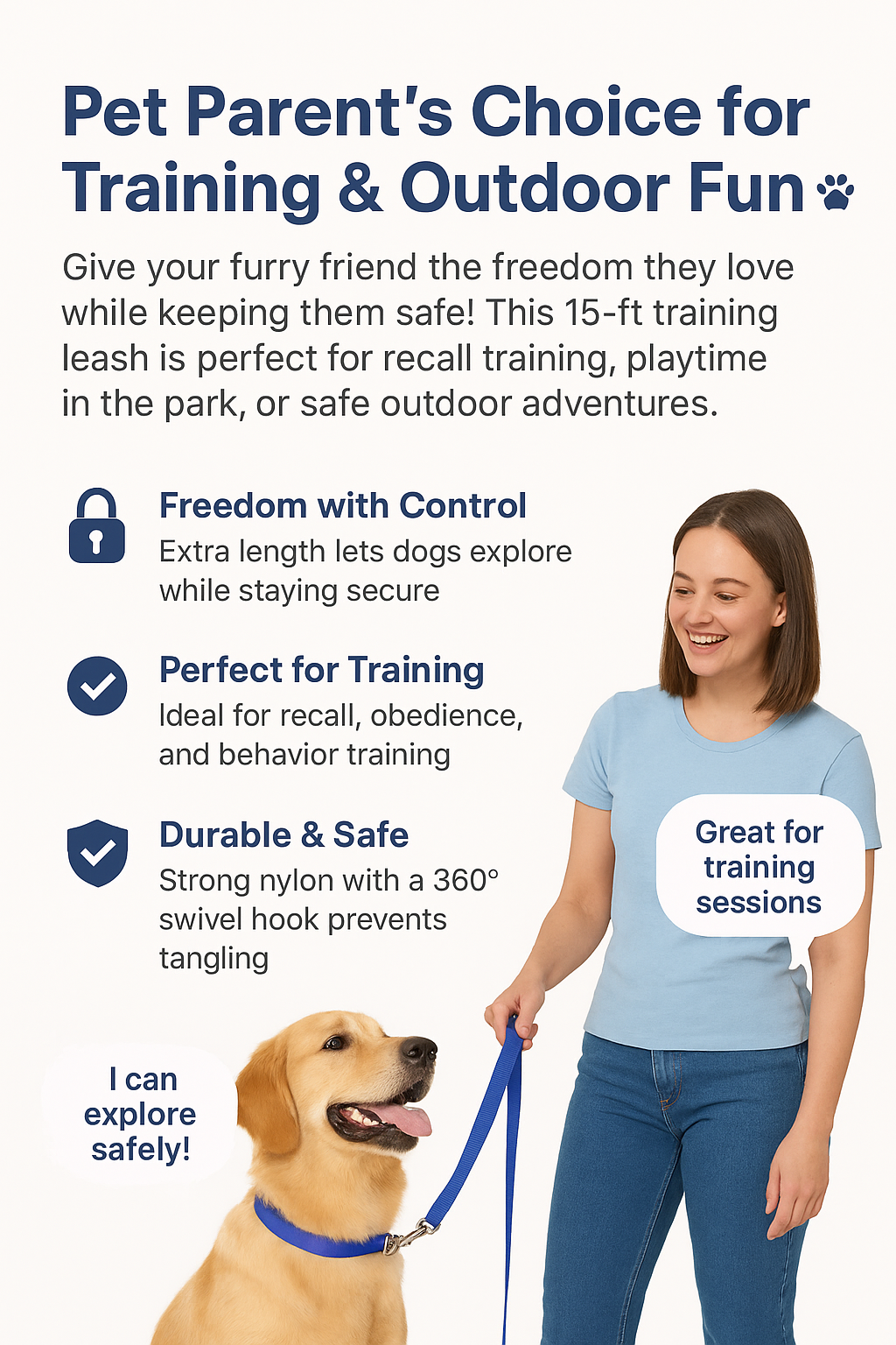 PET Training Leash 15 feet long with strong Hook - 15FT- Blue