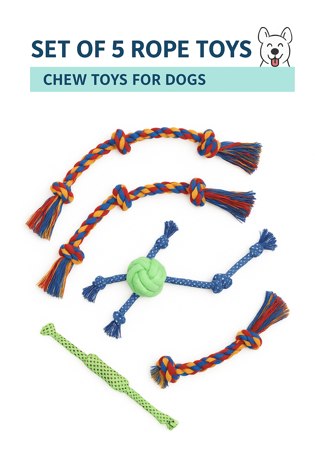 Durable Rope Dog Toys Set of 5 | Chew, Tug & Fetch Training Toys for Puppies & Medium Dogs