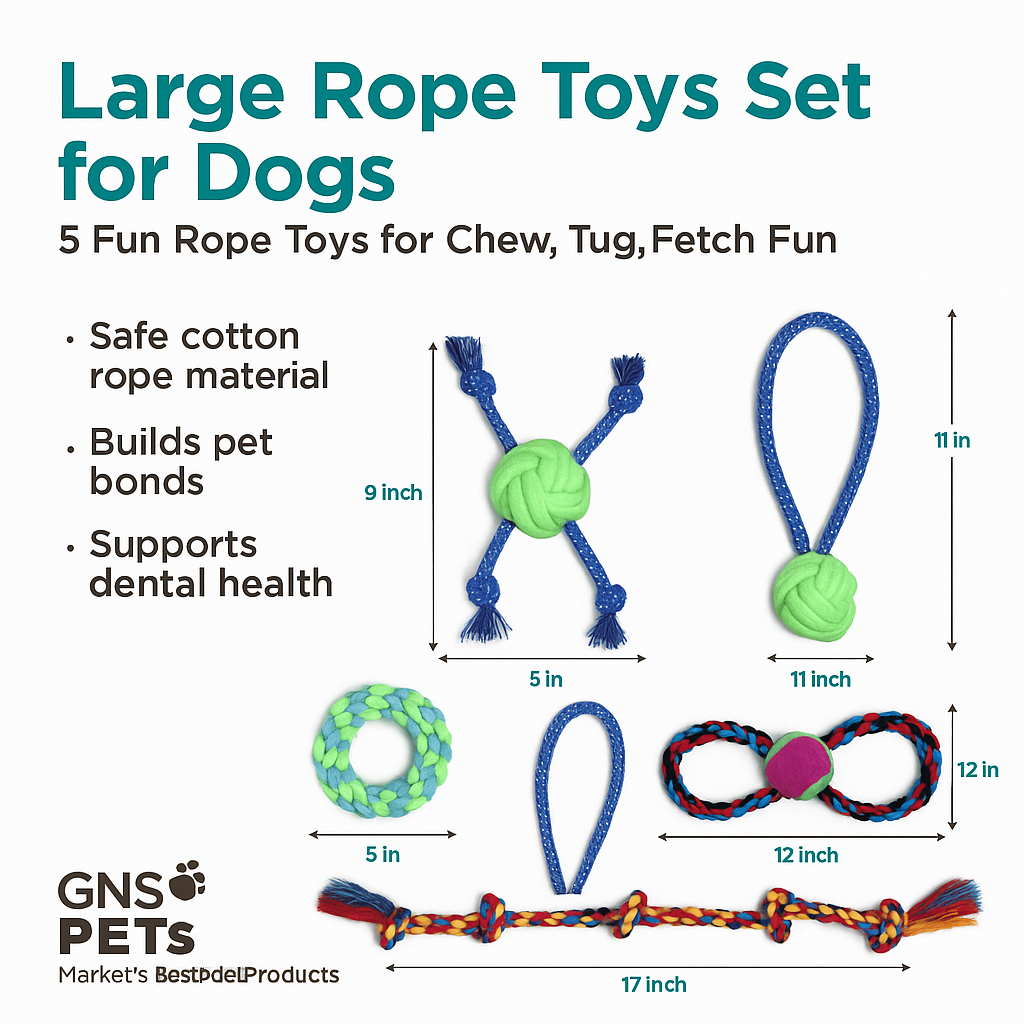 GNS PETs Large Rope Toys Set for Dogs – Durable Chew, Tug & Fetch Play Pack (5 Pieces, Multi-Color)