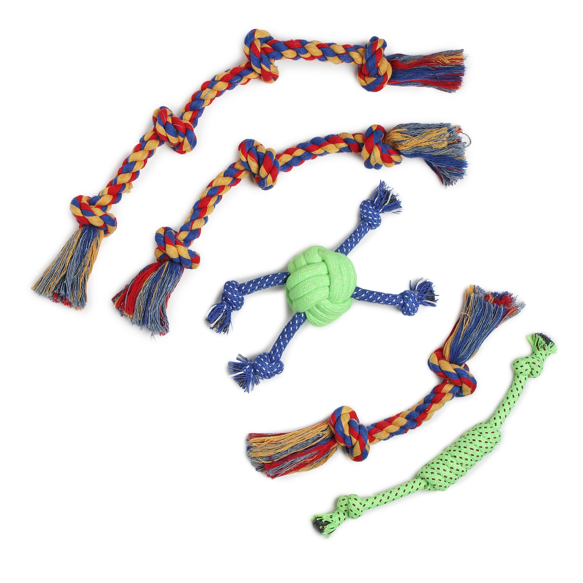 Set of 5 Dog Rope Toys – Includes 3 Knot Rope, 2 Knot Rope, 4 Knot Rope, Ball Rope & Chew Toy | Durable Cotton Chew & Tug Toys for Dogs