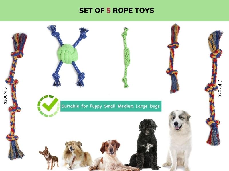 Set of 5 Dog Rope Toys – Includes 3 Knot Rope, 2 Knot Rope, 4 Knot Rope, Ball Rope & Chew Toy | Durable Cotton Chew & Tug Toys for Dogs