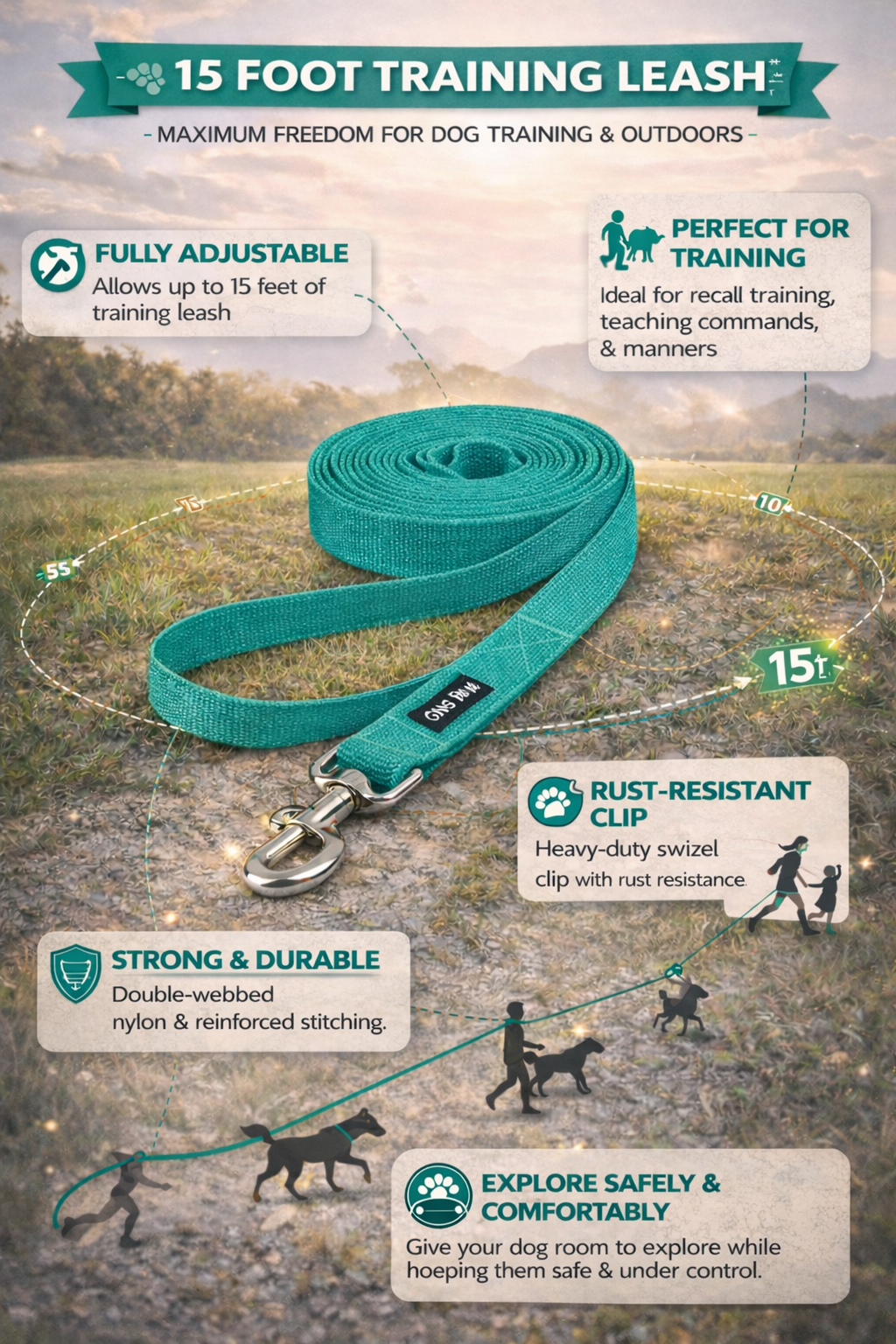 Training Leash 15 feet- Turquoise